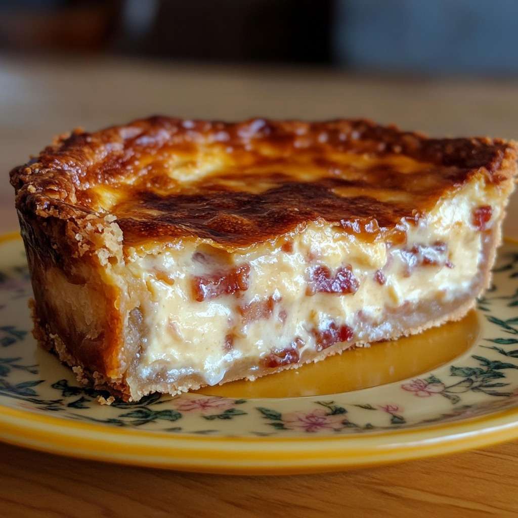 Quiche lorraine dorée au four avec lardons fumés et fromage fondant, texture crémeuse visible à la découpe, servie chaude sur une assiette rustique