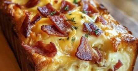 Cake camembert salé et lardons doré au four, texture moelleuse visible à la découpe, fromage fondant et lardons croustillants, servi en tranches épaisses