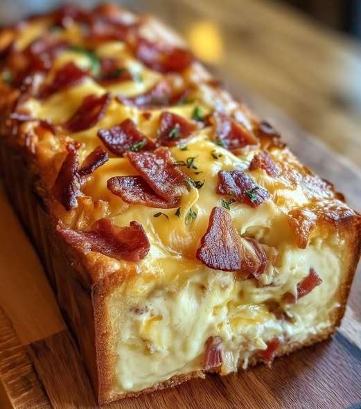 Cake camembert salé et lardons doré au four, texture moelleuse visible à la découpe, fromage fondant et lardons croustillants, servi en tranches épaisses