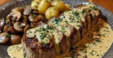 Filet mignon de porc aux champignons nappé de sauce crémeuse, morceaux tendres visibles, champignons dorés et persil frais en finition, servi chaud