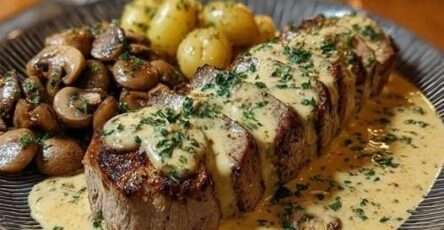 Filet mignon de porc aux champignons nappé de sauce crémeuse, morceaux tendres visibles, champignons dorés et persil frais en finition, servi chaud