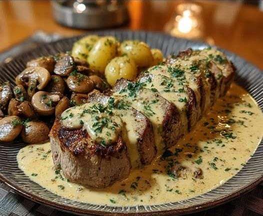 Filet mignon de porc aux champignons nappé de sauce crémeuse, morceaux tendres visibles, champignons dorés et persil frais en finition, servi chaud