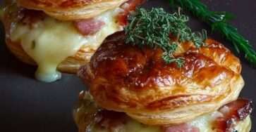 Vol-au-vent savoyard garni de reblochon fondu, lardons dorés et oignons fondants, pâte feuilletée croustillante, servi chaud et gratiné