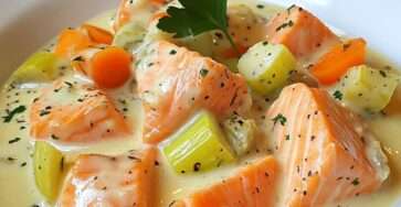 Blanquette de saumon aux poireaux et carottes nappée de sauce crémeuse, morceaux de saumon fondants visibles, servie chaude avec persil frais