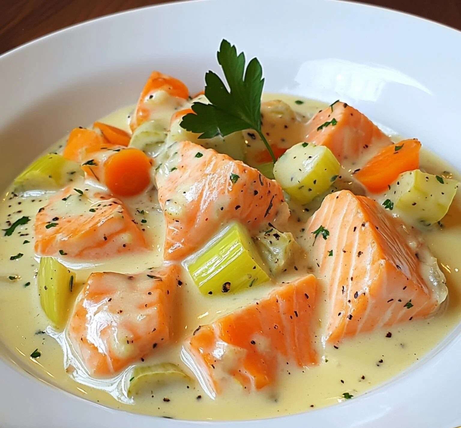 Blanquette de saumon aux poireaux et carottes nappée de sauce crémeuse, morceaux de saumon fondants visibles, servie chaude avec persil frais