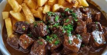 Carbonnade flamande traditionnelle mijotée à la bière brune, morceaux de bœuf fondants nappés de sauce épaisse, servie chaude avec frites croustillantes