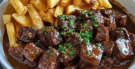 Carbonnade flamande traditionnelle mijotée à la bière brune, morceaux de bœuf fondants nappés de sauce épaisse, servie chaude avec frites croustillantes