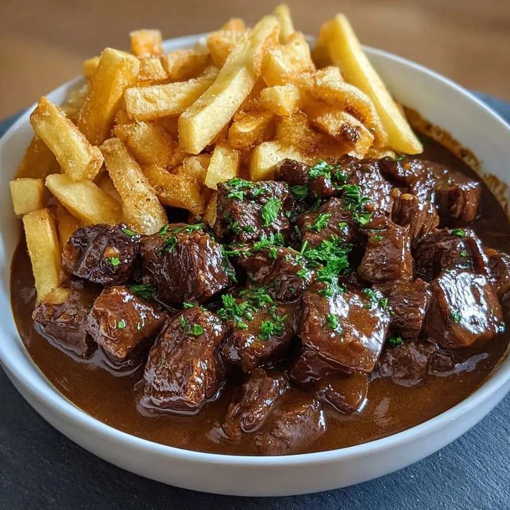 Carbonnade flamande traditionnelle mijotée à la bière brune, morceaux de bœuf fondants nappés de sauce épaisse, servie chaude avec frites croustillantes
