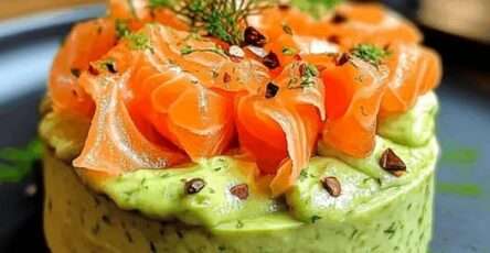 Mousse à l'avocat onctueuse garnie de saumon fumé, dressée en verrine, texture lisse visible, décorée d’aneth frais et zestes de citron