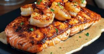Pavé de saumon grillé doré à la poêle nappé de sauce crémeuse aux crevettes, texture moelleuse visible, persil frais en finition et filet de citron