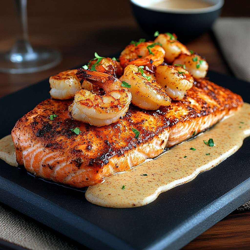 Pavé de saumon grillé doré à la poêle nappé de sauce crémeuse aux crevettes, texture moelleuse visible, persil frais en finition et filet de citron