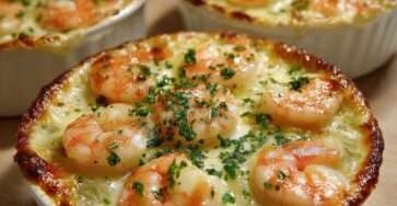 Cassolettes gratinées aux crevettes et poireaux nappées de sauce crémeuse, fromage doré sur le dessus, texture fondante visible, servies chaudes