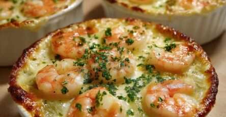 Cassolettes gratinées aux crevettes et poireaux nappées de sauce crémeuse, fromage doré sur le dessus, texture fondante visible, servies chaudes