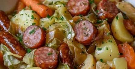 Chou braisé aux saucisses fumées avec pommes de terre et carottes, légumes fondants dans un bouillon parfumé, servi chaud en cocotte rustique