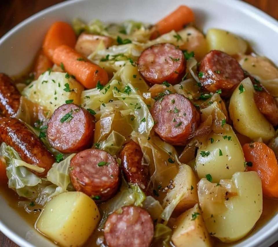 Chou braisé aux saucisses fumées avec pommes de terre et carottes, légumes fondants dans un bouillon parfumé, servi chaud en cocotte rustique