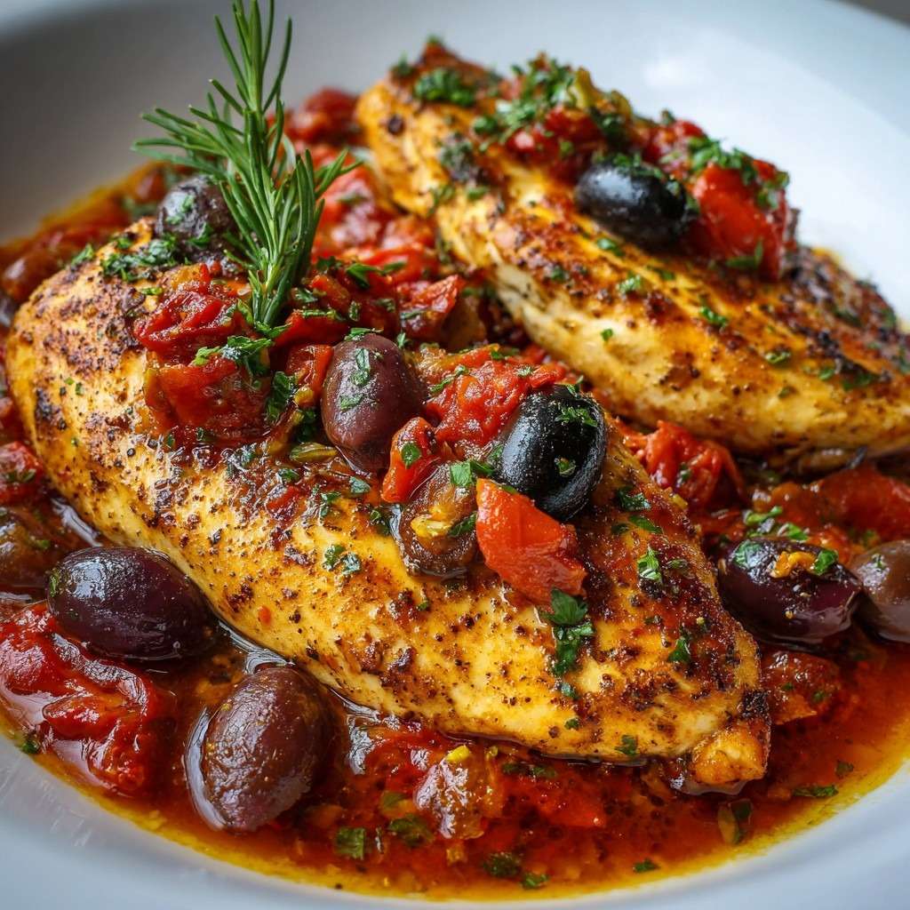 Blanc de poulet mijoté à la provençale avec tomates concassées et olives noires, sauce rouge parfumée aux herbes, servi chaud dans une poêle rustique