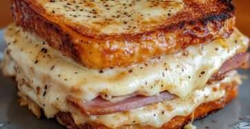 Croque-monsieur gratiné au fromage fondant avec pain doré et croustillant, fromage filant visible à la découpe, servi chaud avec surface bien gratinée