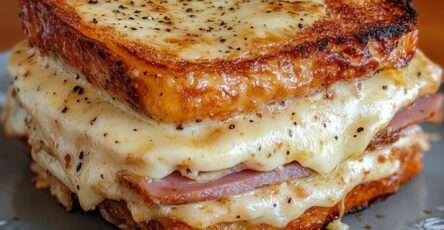 Croque-monsieur gratiné au fromage fondant avec pain doré et croustillant, fromage filant visible à la découpe, servi chaud avec surface bien gratinée