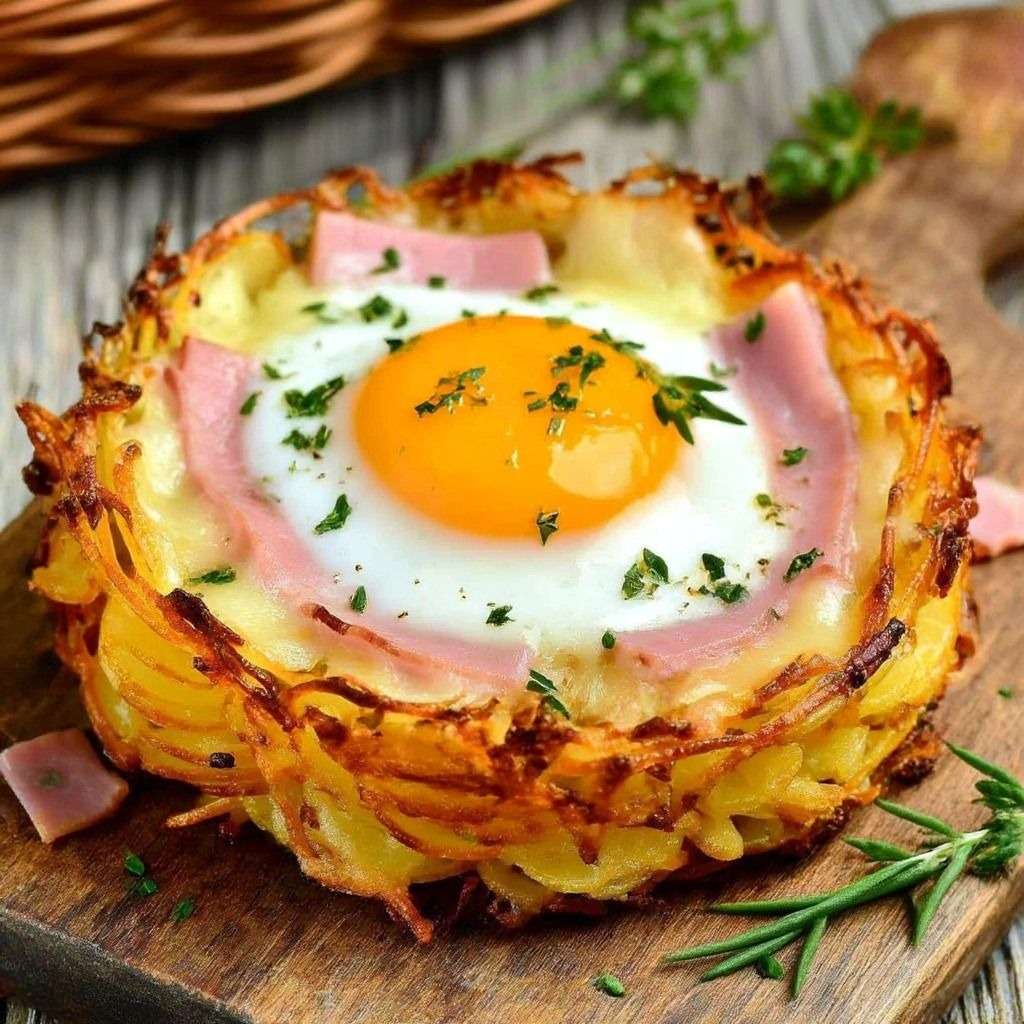 Nid de pommes de terre croustillants garnis de fromage à raclette fondant, jambon et œuf coulant, dorés au four et servis chauds