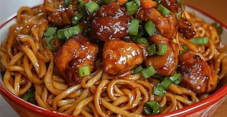 Nouilles sautées au wok avec boulettes de poulet caramélisées, sauce soja brillante, oignons verts frais et légumes croquants