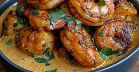 Crevettes roses mijotées dans une sauce crémeuse au lait de coco et aux épices, citron vert et coriandre fraîche, servies dans une poêle chaude