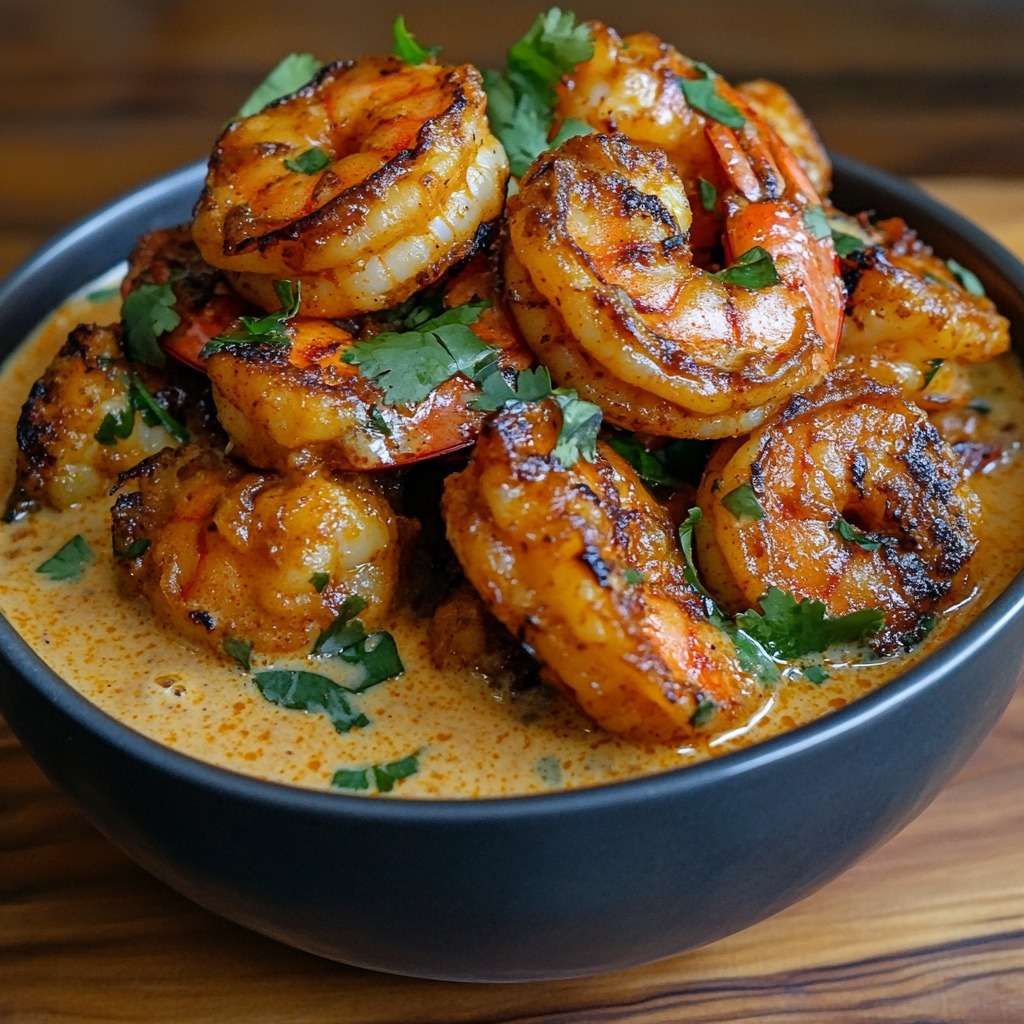 Crevettes roses mijotées dans une sauce crémeuse au lait de coco et aux épices, citron vert et coriandre fraîche, servies dans une poêle chaude