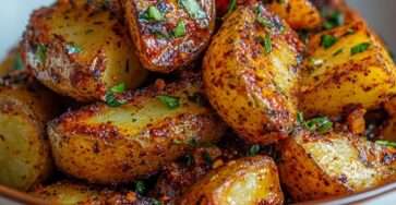 Pommes de terre rôties au four croustillantes et dorées, enrobées d’épices, ail et persil frais, servies dans un plat rustique