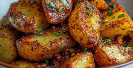 Pommes de terre rôties au four croustillantes et dorées, enrobées d’épices, ail et persil frais, servies dans un plat rustique