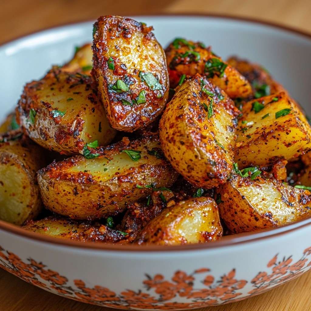 Pommes de terre rôties au four croustillantes et dorées, enrobées d’épices, ail et persil frais, servies dans un plat rustique