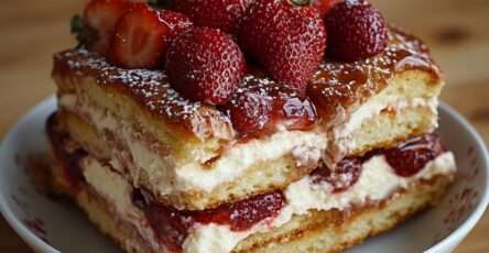 Gâteau moelleux façon fraisier garni de chantilly, fraises fraîches et sucre glace, présenté en parts nettes sur un plat de dessert
