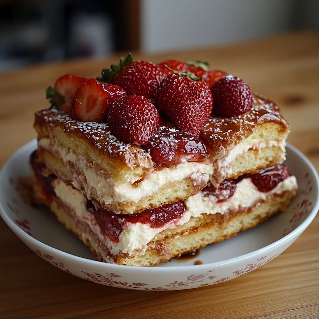 Gâteau moelleux façon fraisier garni de chantilly, fraises fraîches et sucre glace, présenté en parts nettes sur un plat de dessert