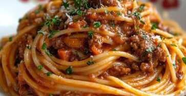 Spaghetti bolognaise maison avec sauce tomate épaisse au bœuf haché, légumes fondants, persil frais et parmesan râpé servis dans une assiette creuse