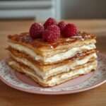 Gâteau mille-crêpes garni de crème pâtissière à la vanille et de framboises fraîches, découpé en parts nettes et présenté sur un plat à dessert