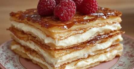Gâteau mille-crêpes garni de crème pâtissière à la vanille et de framboises fraîches, découpé en parts nettes et présenté sur un plat à dessert