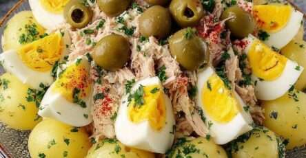 Salade de pommes de terre au thon avec œufs durs, olives et persil frais, assaisonnée d’une vinaigrette à l’huile d’olive, servie dans un grand plat