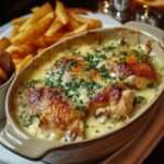 Poulet au Maroilles gratiné au four avec sauce crémeuse, oignons fondants et persil frais, servi dans un plat rustique du Nord