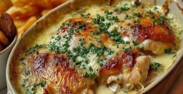 Poulet au Maroilles gratiné au four avec sauce crémeuse, oignons fondants et persil frais, servi dans un plat rustique du Nord