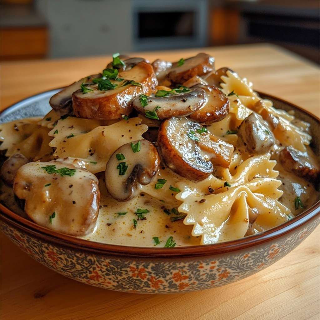 Farfalles enrobées de sauce crémeuse aux champignons poêlés, persil frais et parmesan, servies bien chaudes dans une assiette creuse