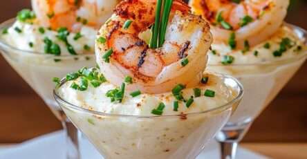 Verrines de mousseline de pommes de terre crémeuse et surmontées de gambas grillées dorées, décorées de ciboulette fraîche