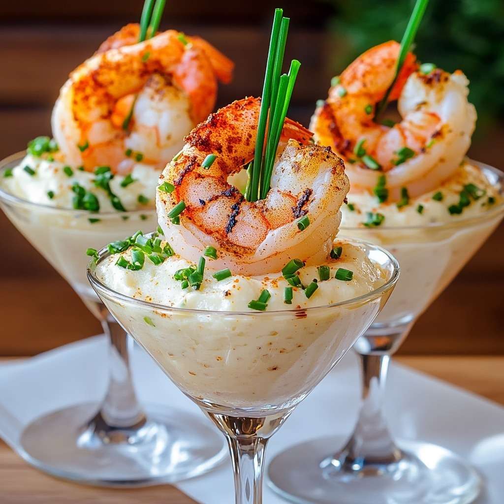 Verrines de mousseline de pommes de terre crémeuse et surmontées de gambas grillées dorées, décorées de ciboulette fraîche