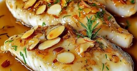 Filet de poisson doré à la poêle, nappé de beurre citronné aux amandes effilées, servi avec herbes fraîches et sauce brillante