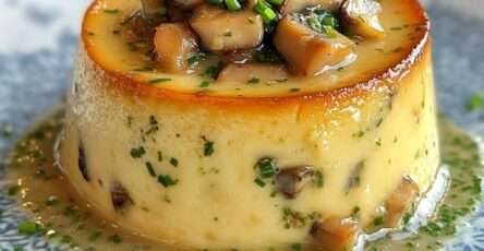 Flan salé individuel aux champignons de Paris et ciboulette, texture fondante, démoulé sur assiette avec finition aux herbes fraîches