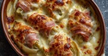 Gratin d’endives au jambon nappé de béchamel maison et fromage gratiné, doré au four dans un plat familial