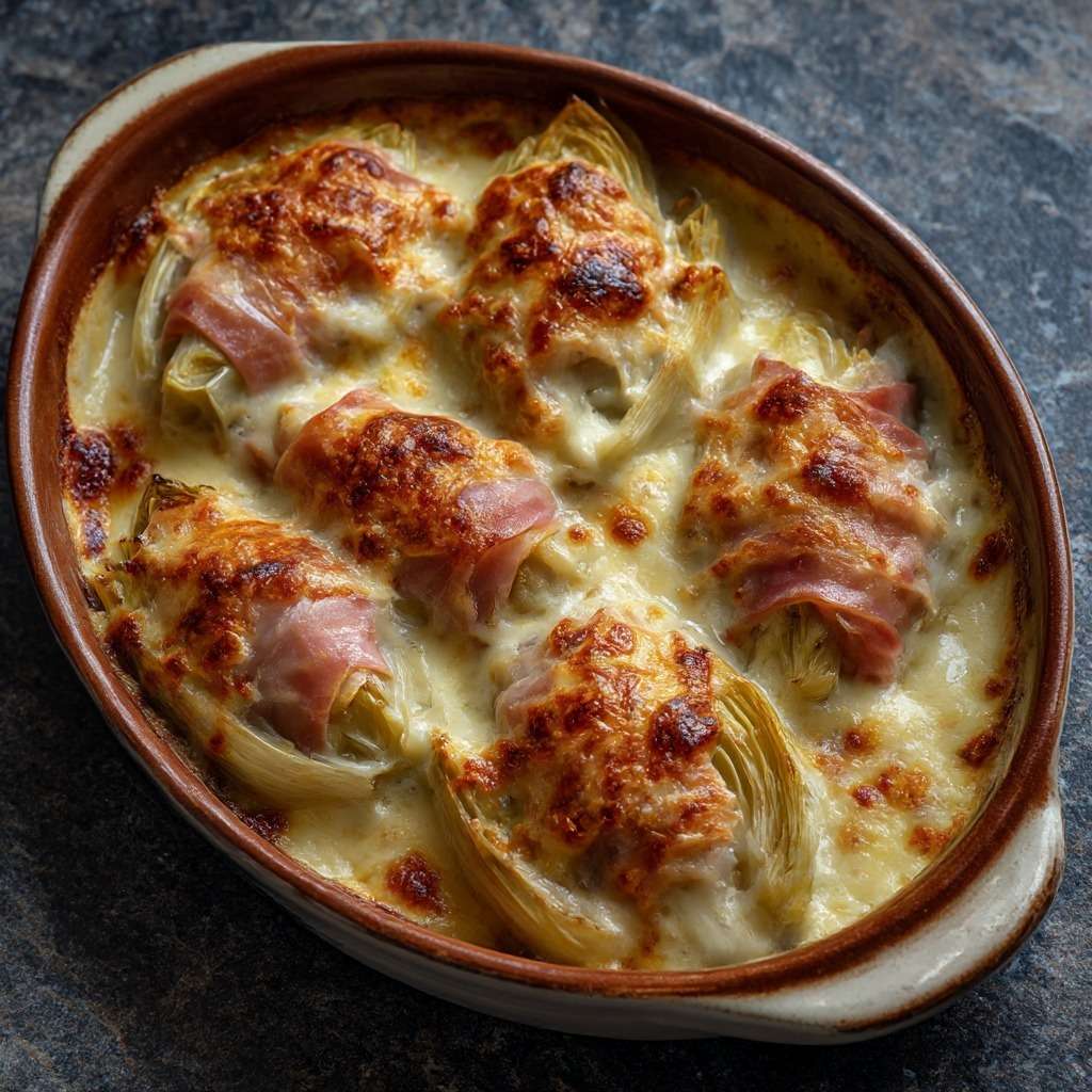Gratin d’endives au jambon nappé de béchamel maison et fromage gratiné, doré au four dans un plat familial