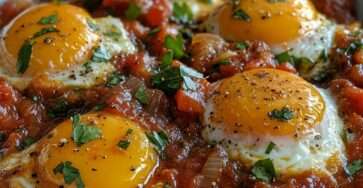 Œufs au plat cuits dans une sauce tomate épicée aux oignons et épices, jaunes coulants et persil frais, servis directement à la poêle.
