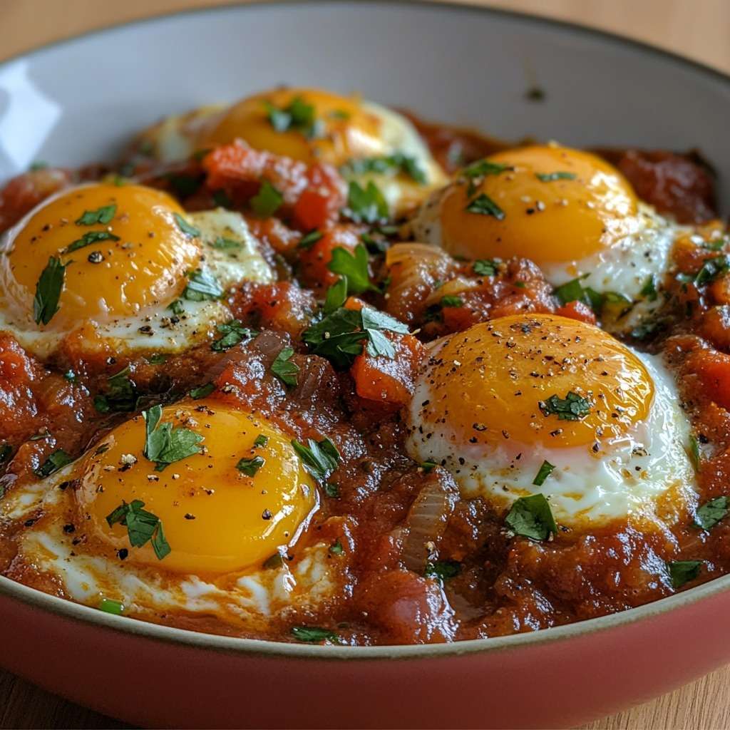 Œufs au plat cuits dans une sauce tomate épicée aux oignons et épices, jaunes coulants et persil frais, servis directement à la poêle.