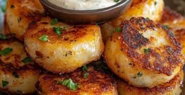 Galettes de thon dorées et croustillantes à la poêle, servies avec une sauce crémeuse aux herbes fraîches, texture fondante à l’intérieur.