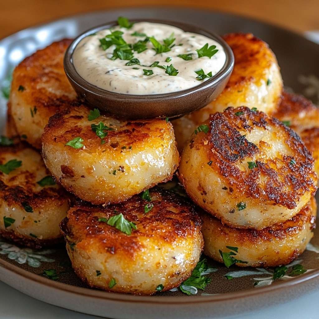 Galettes de thon dorées et croustillantes à la poêle, servies avec une sauce crémeuse aux herbes fraîches, texture fondante à l’intérieur.