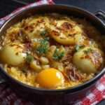 Poêlée de pommes de terre dorées avec oignons fondants et œufs au jaune coulant, servie chaude directement à la poêle.