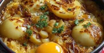 Poêlée de pommes de terre dorées avec oignons fondants et œufs au jaune coulant, servie chaude directement à la poêle.
